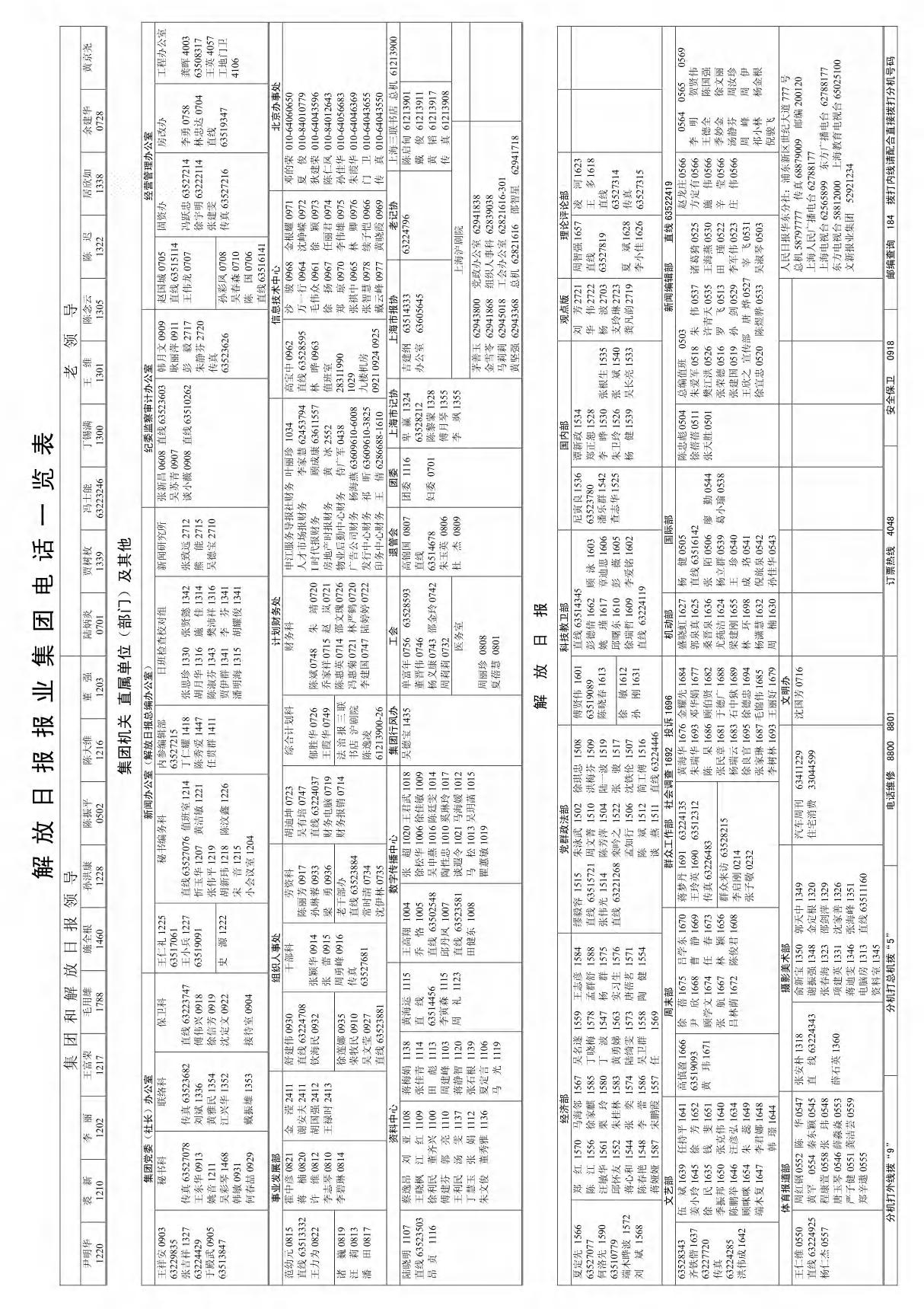 解放日报报业集团电话一览表 doc