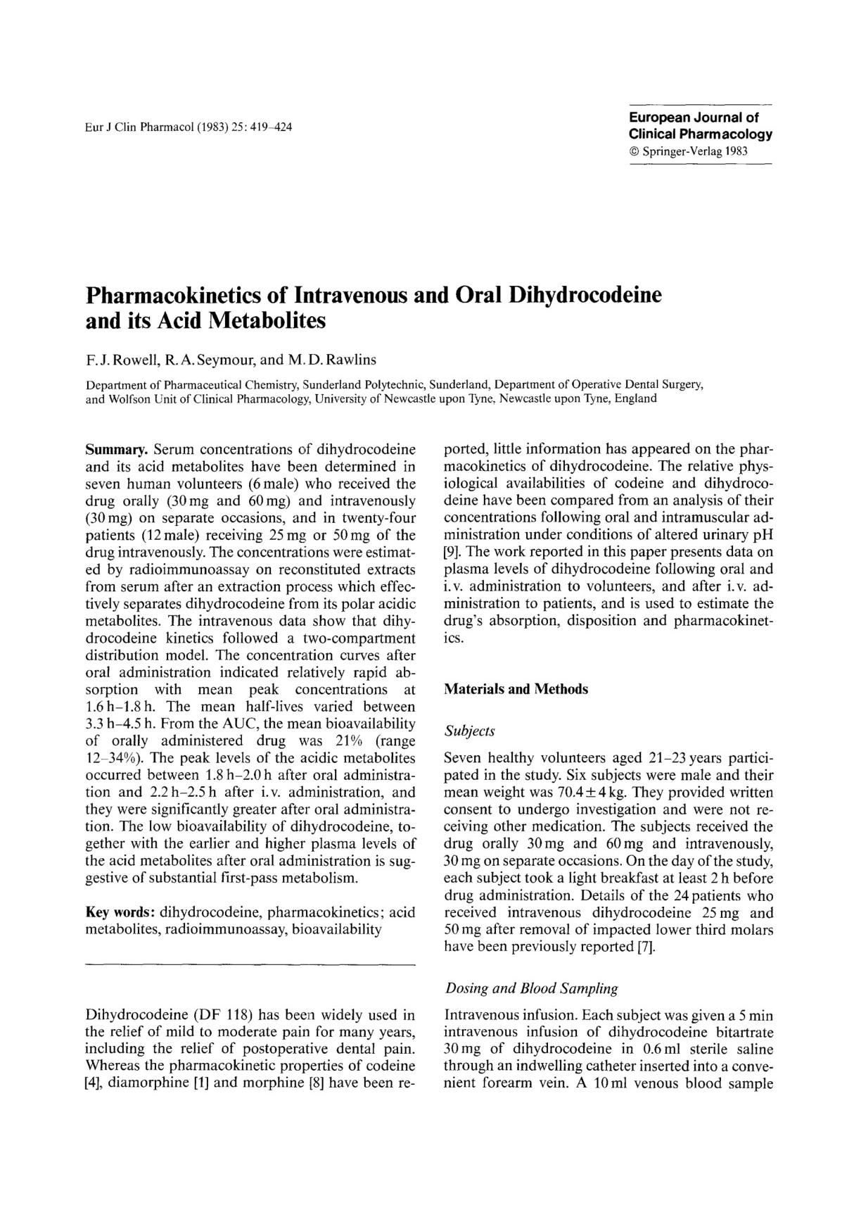 《欧洲临床药理学杂志》SCI论文European Journal of Clinical Pharmacology 1983 Volume 25 Page 419-424