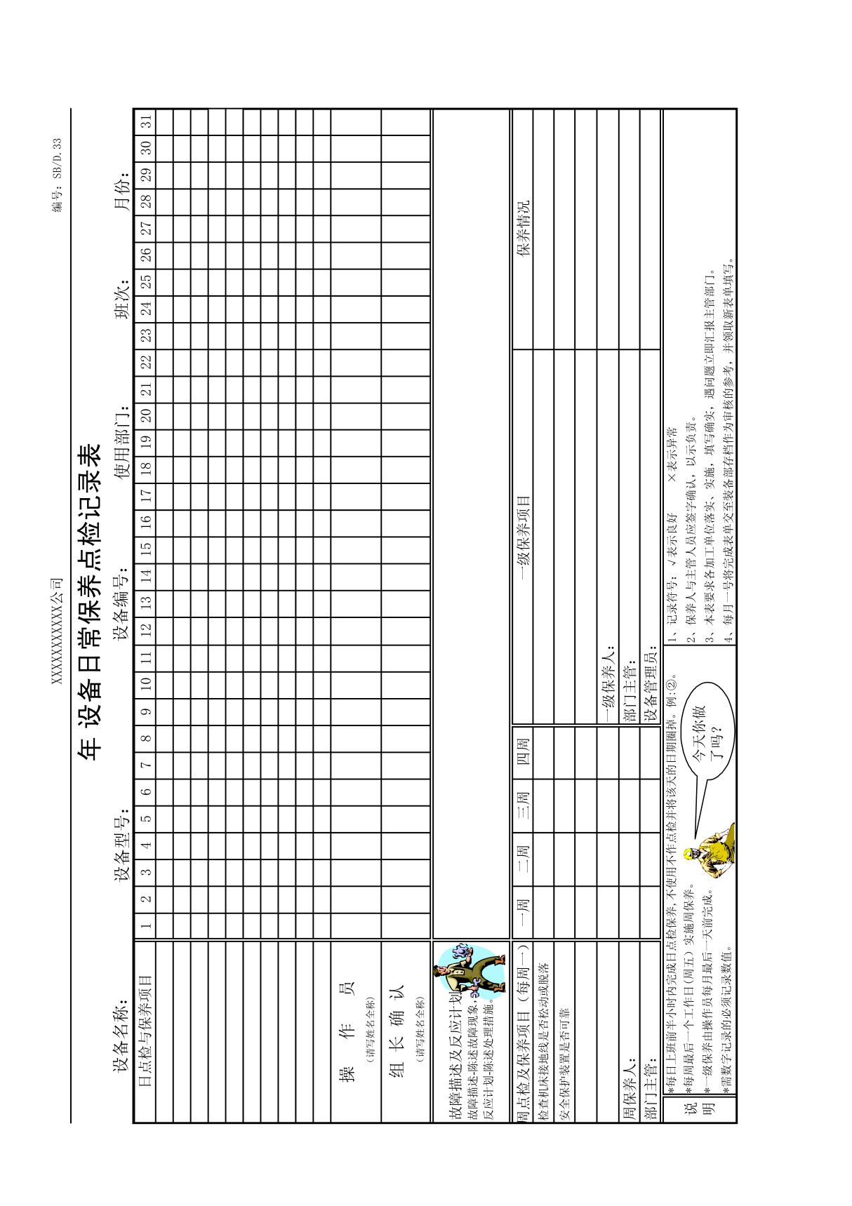 设备日常保养点检记录表