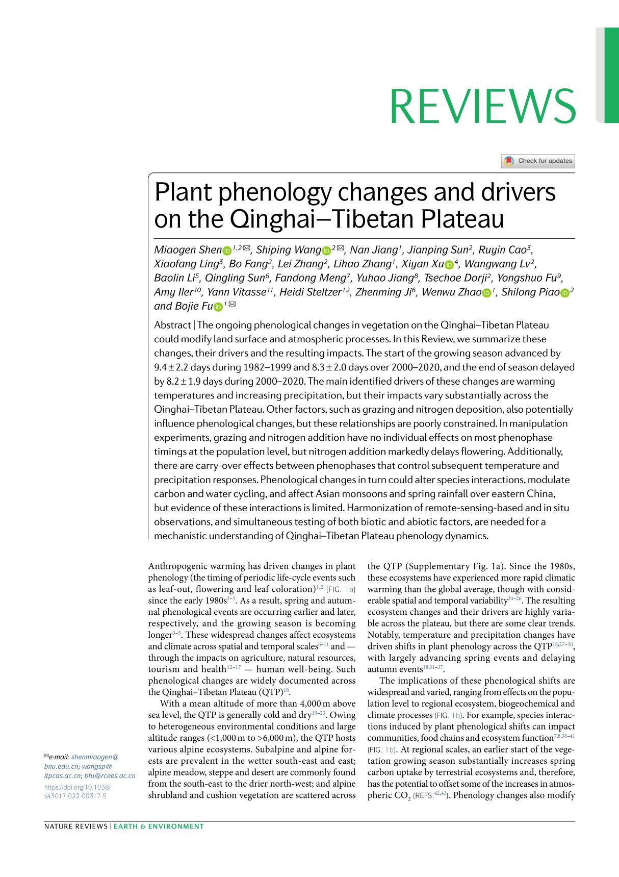 Plant phenology changes and drivers on the Qinghai–Tibetan Plateau