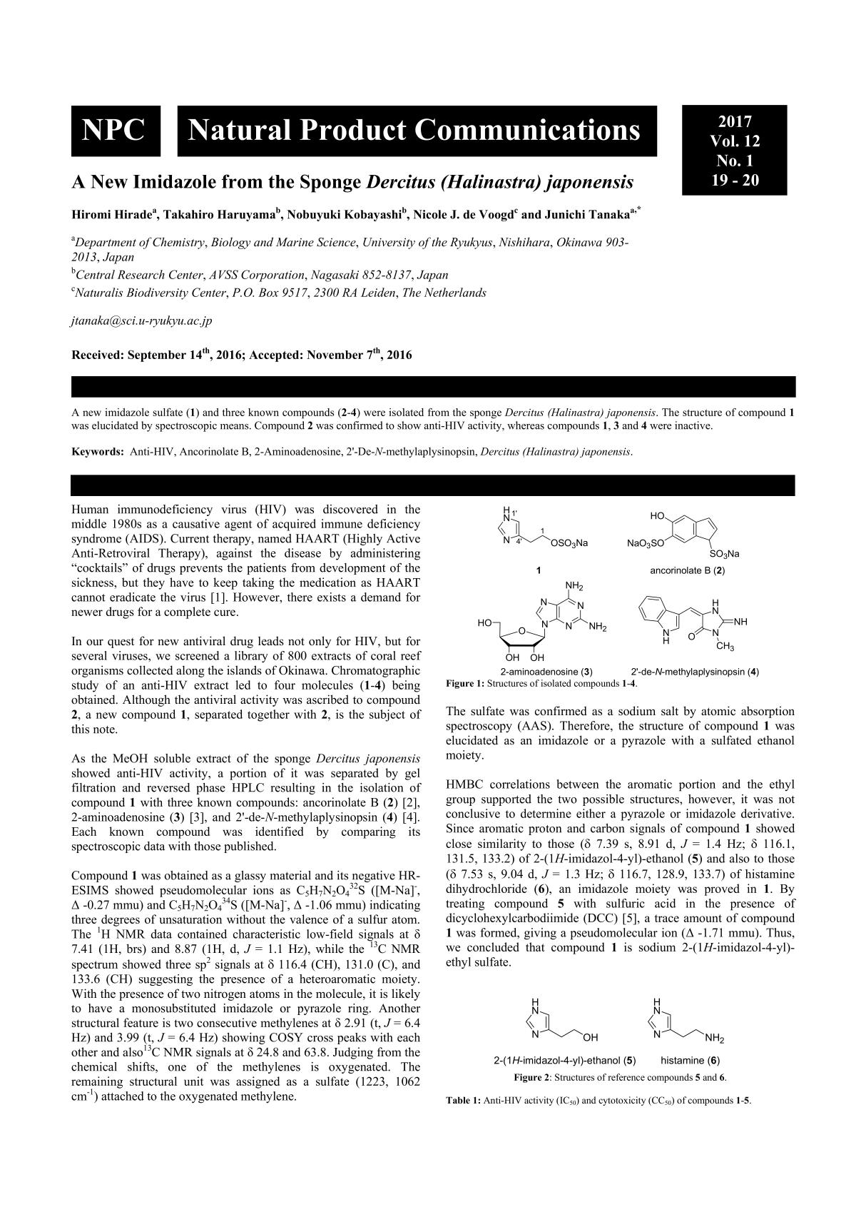 A New Imidazole from the Sponge Dercitus (Halinastra) japonensi