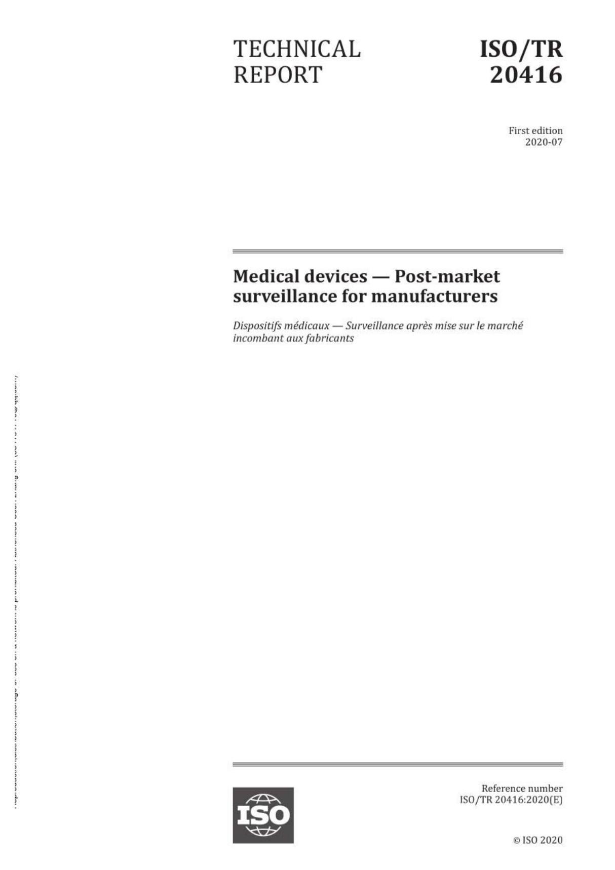 ISO TR 20416 2020 医疗器械-制造商的售后监控 - 完整英文版(51页)