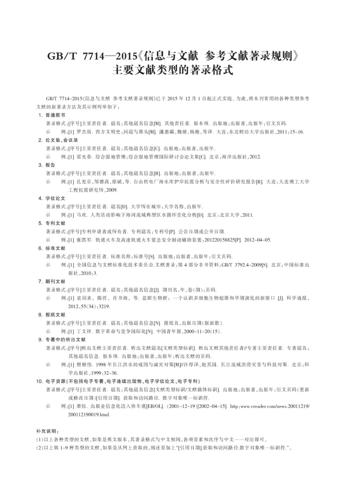 GB/T 77142015《信息与文献参考文献著录规则》主要文献类型的著录格式