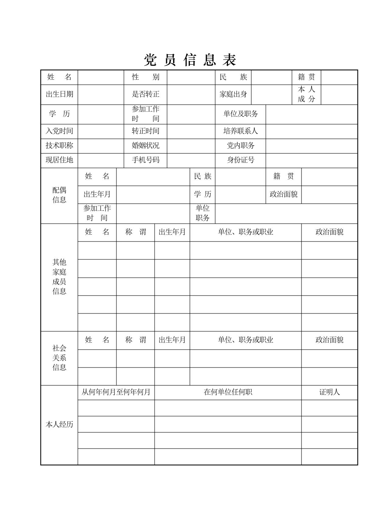 党员信息表(样表)