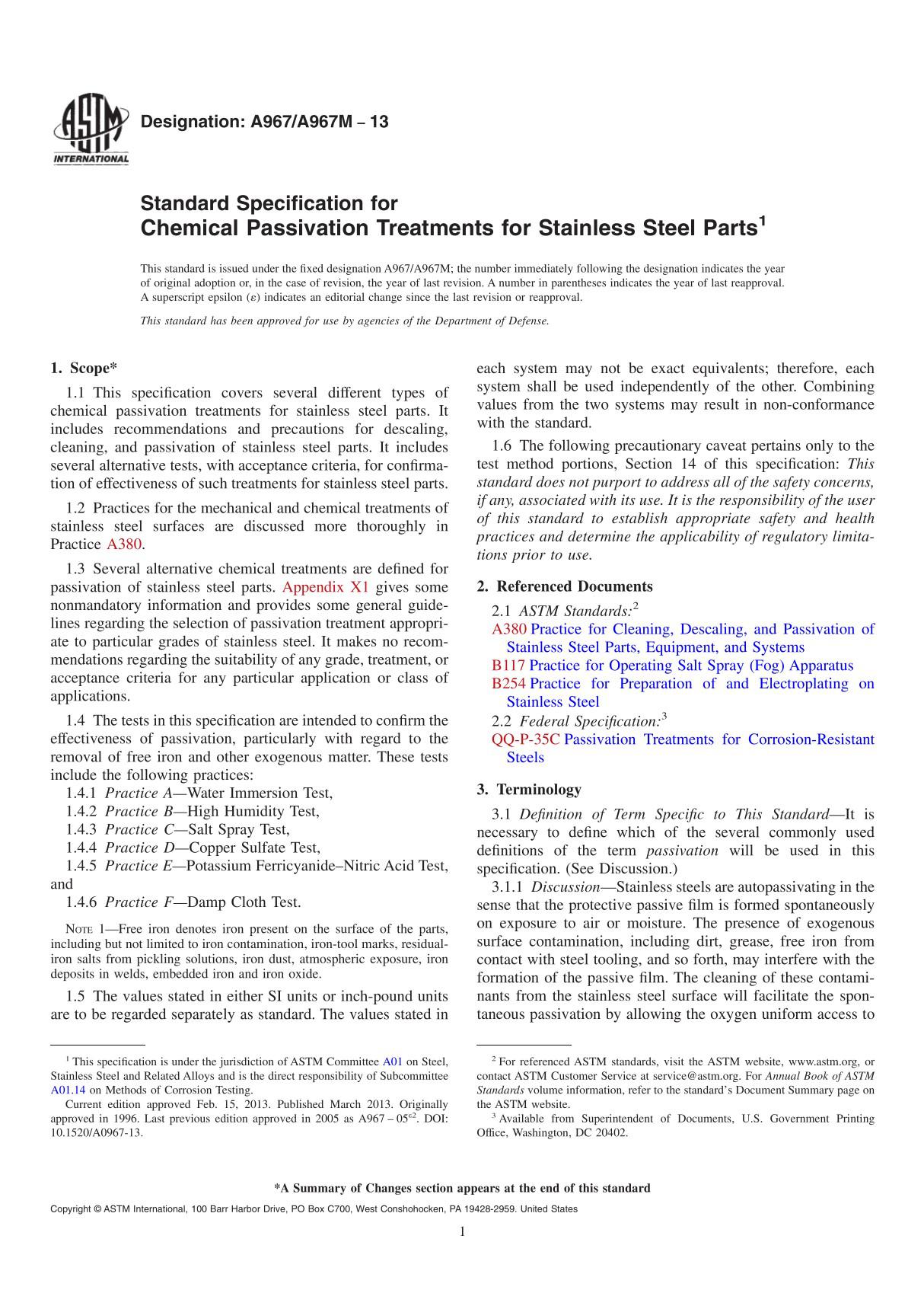 ASTM A967 A967M-13 Specification for Chemical Passivation Treatments for Stainless Steel Parts