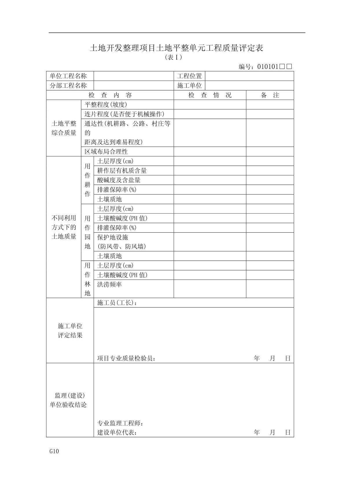 土地开发整理项目土地平整单元工程质量评定表