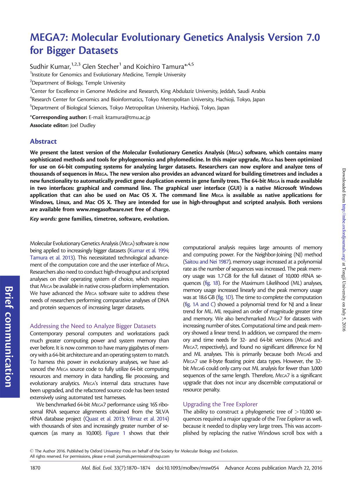 (2016). MEGA7 Molecular Evolutionary Genetics Analysis Version 7.0 for Bigger Datasets