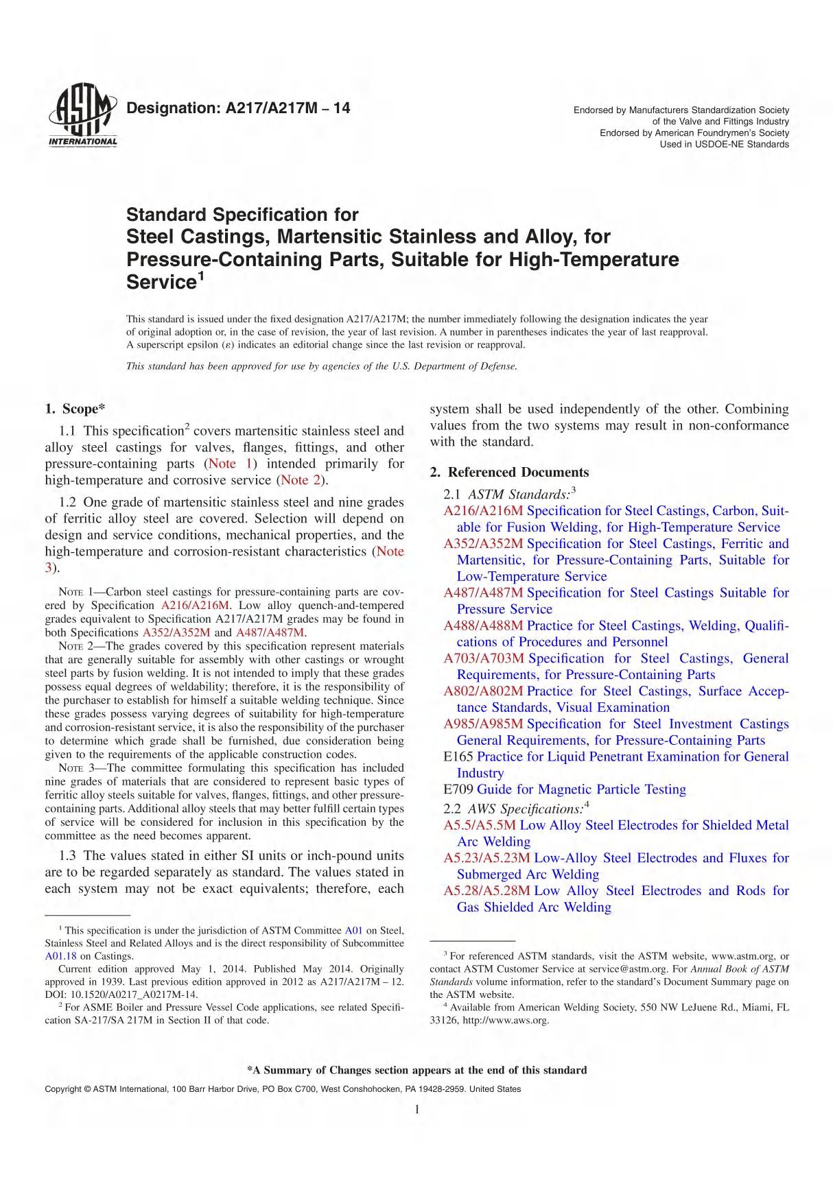 ASTM A 217 - A 217M - 14 Standard美国材料与试验协会标准电子版