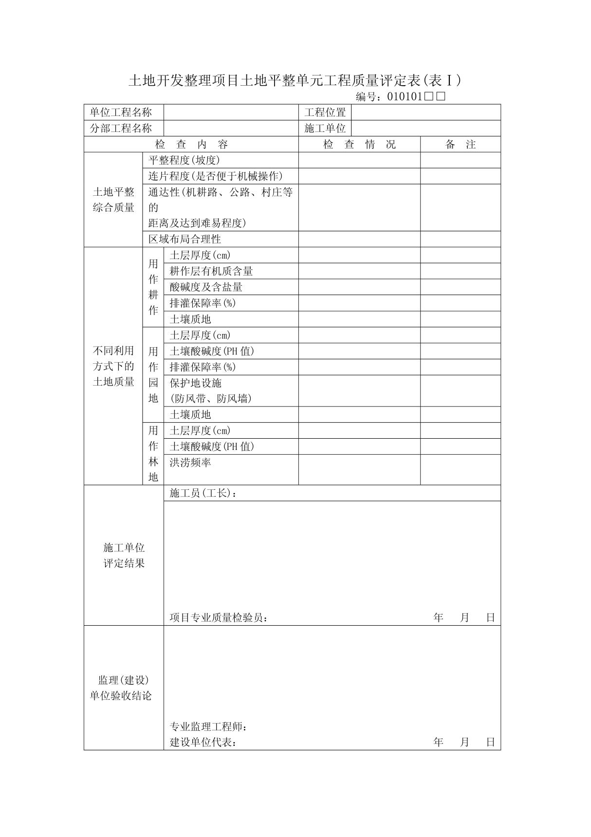 01土地开发整理项目土地平整单元工程质量评定表