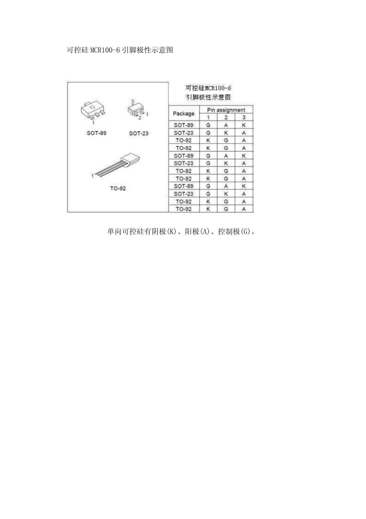 可控硅MCR100-6引脚极性示意图