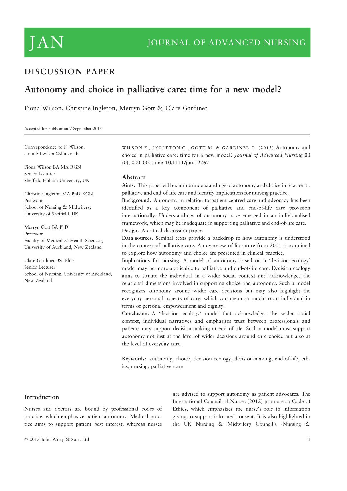 jan journal of advanced nursing 高等护理学杂志