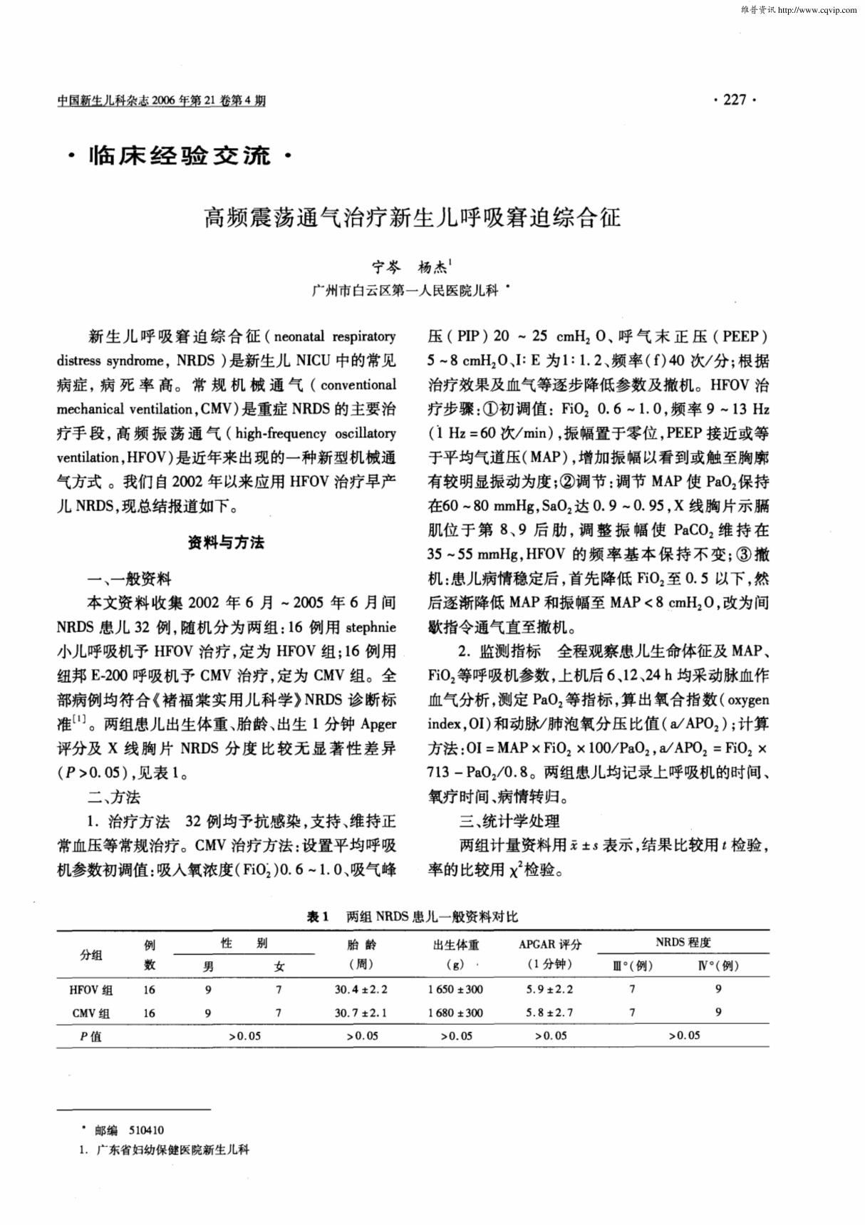 高频震荡通气治疗新生儿呼吸窘迫综合征