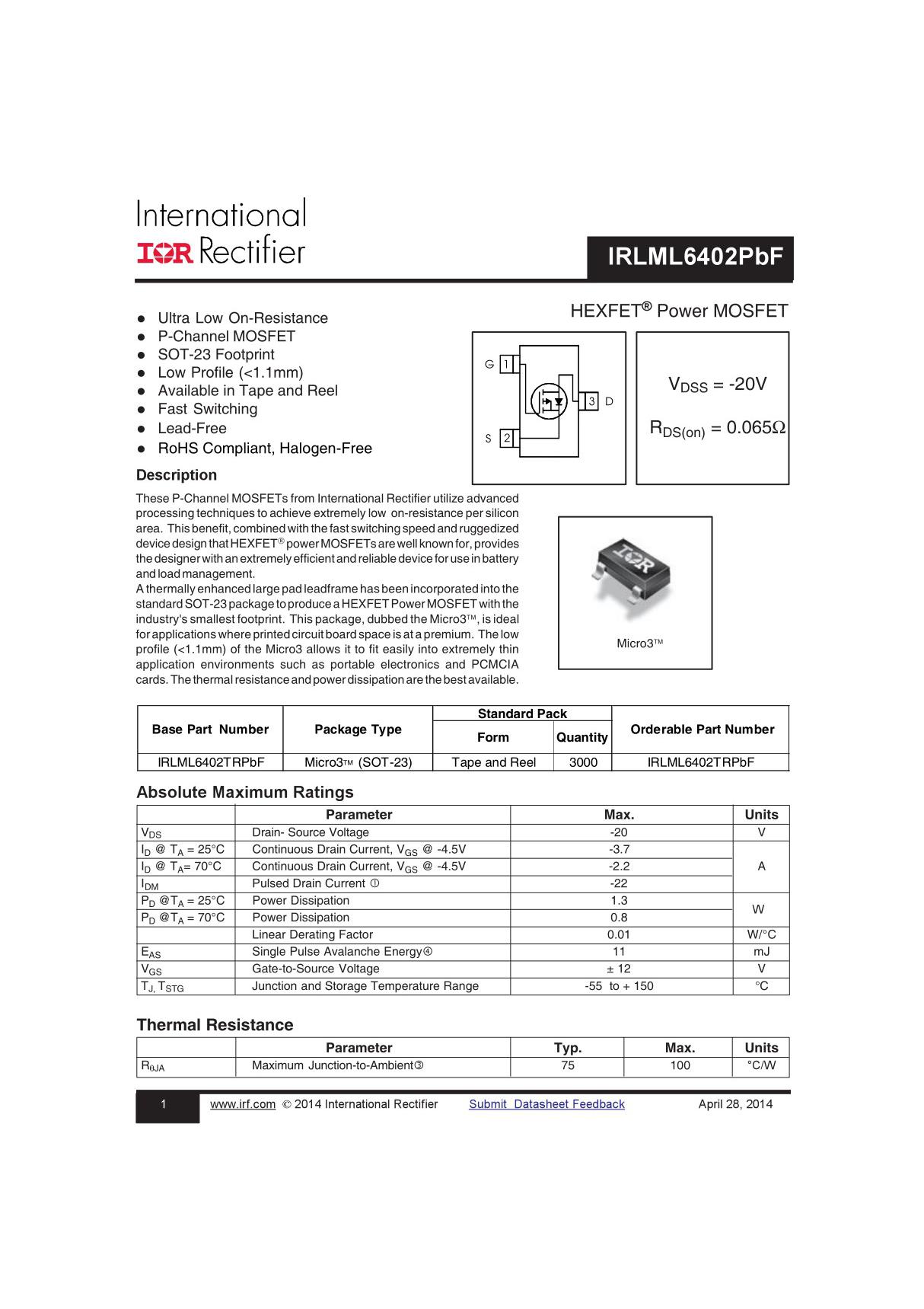 IRLML6402 INFINEON 英飞凌芯片 中文版规格书手册