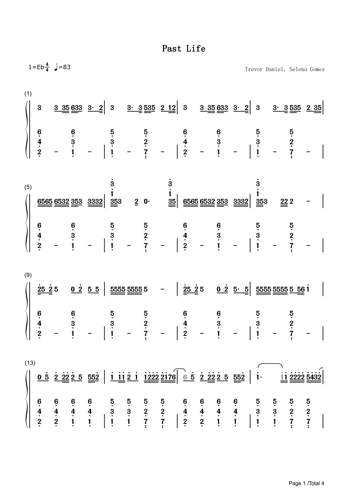 Past Life简谱钢琴谱 简谱双手数字完整版原版