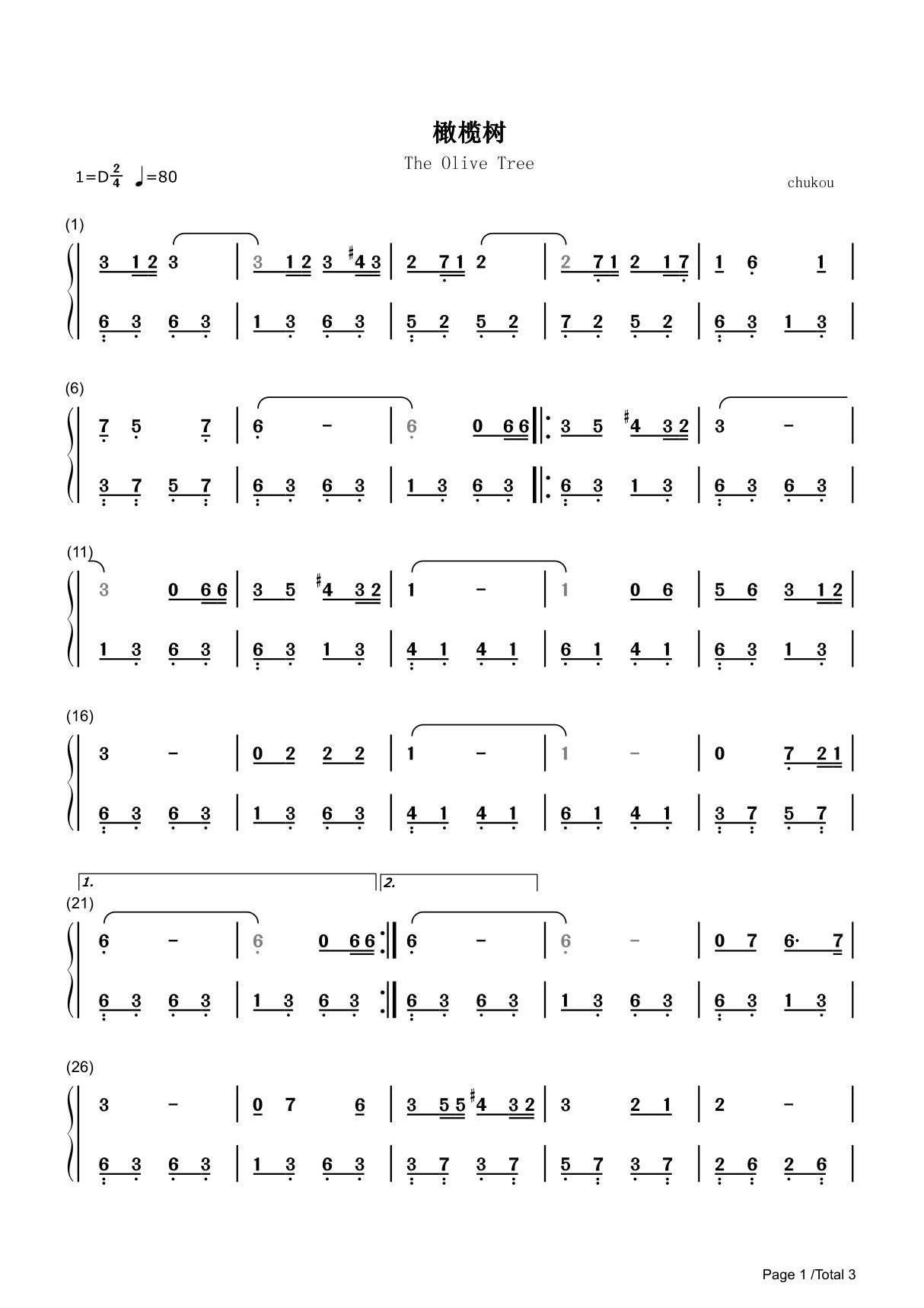 橄榄树简谱钢琴谱 简谱双手数字完整版原版