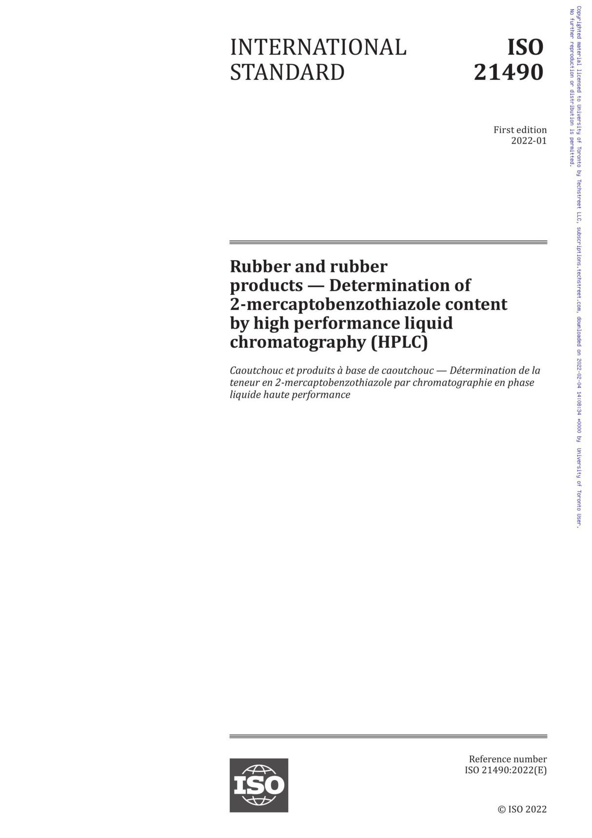 ISO 21490-2022 Rubber and rubber products - Determination of 2-mercaptobenzothiazole content by high performance liquid chromato