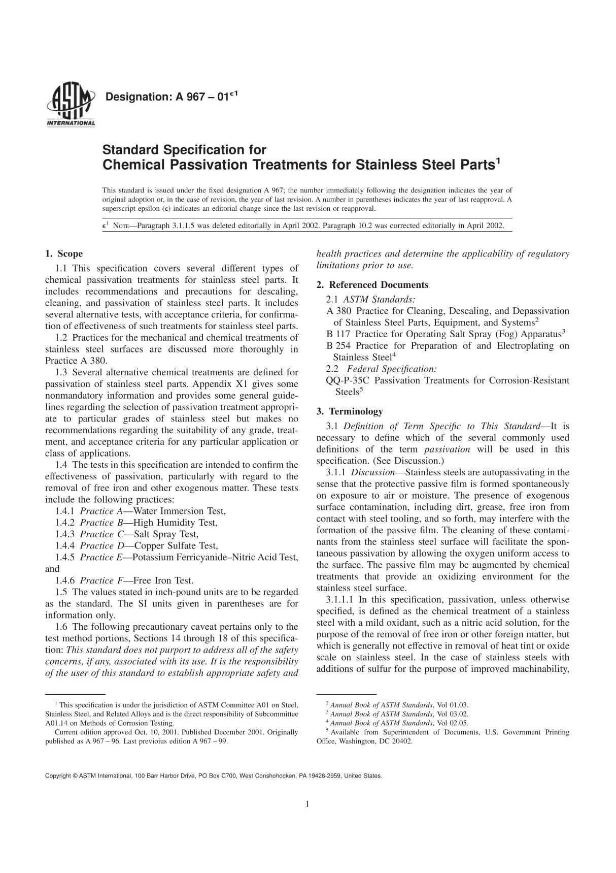 ASTM A967-2001 不锈钢零件化学钝化处理的标准规范