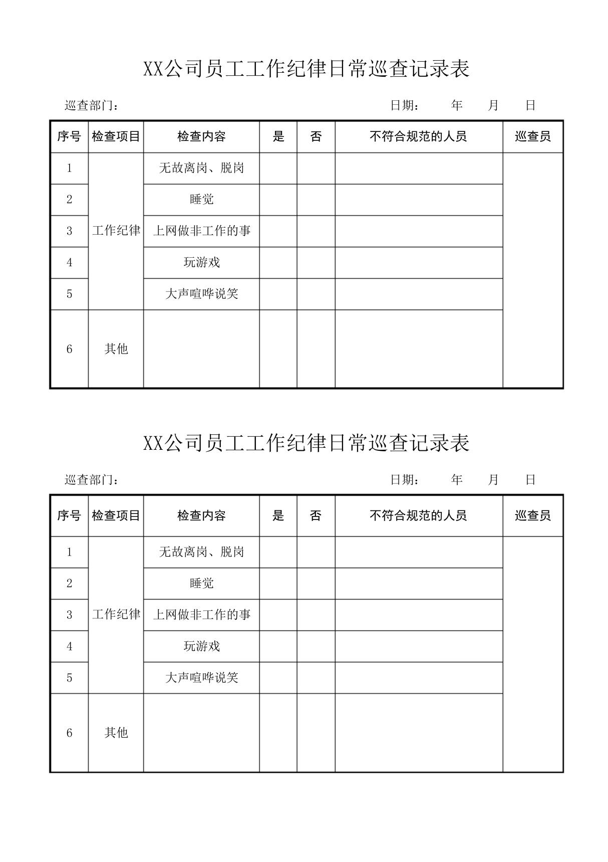 员工工作纪律日常巡查记录表