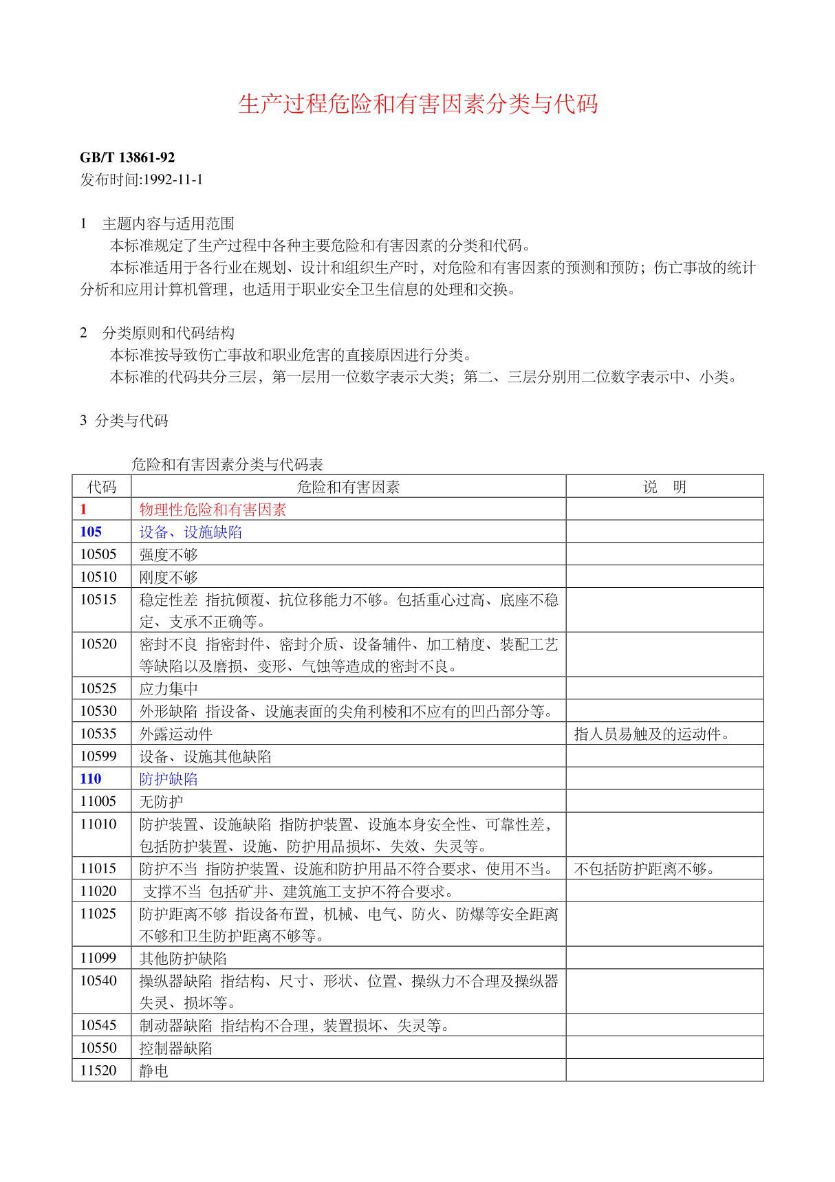 生产过程危险和有害因素分类与代码GB∕T 13861