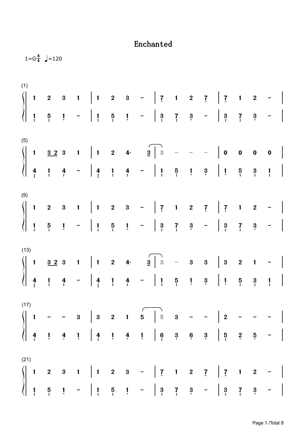 Enchanted简谱钢琴谱 简谱双手数字完整版原版