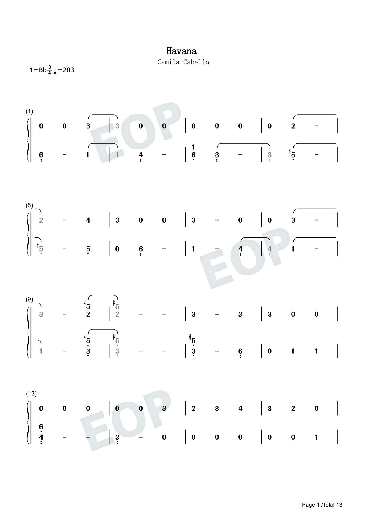 Havana简谱钢琴谱 简谱双手数字完整版原版