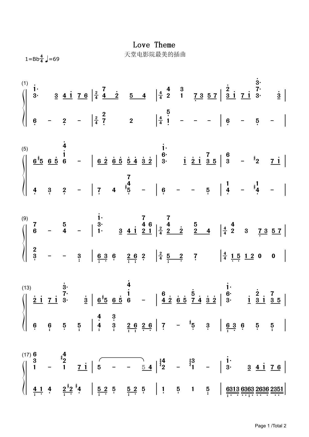 Love Theme简谱钢琴谱 简谱双手数字完整版原版