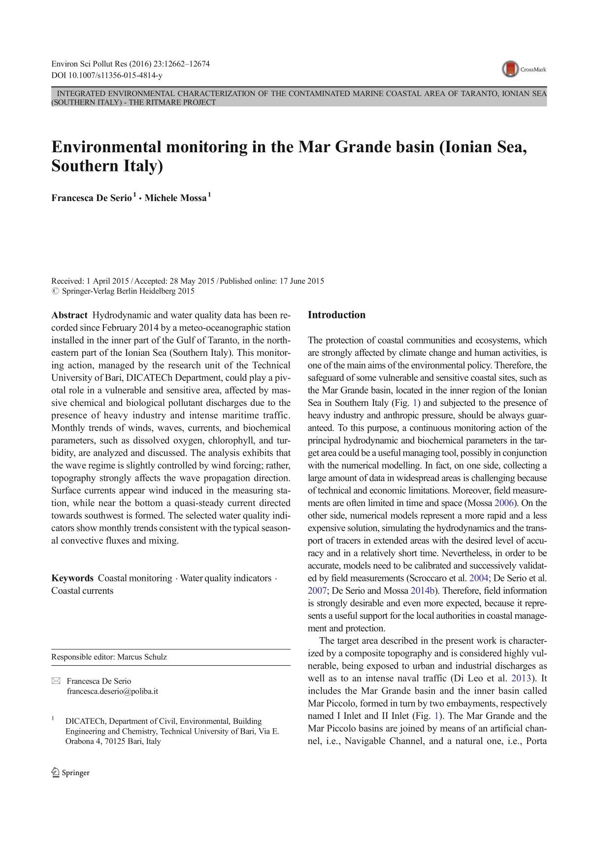 (Environ Sci Pollut Res Int)(2016). Environmental monitoring in the Mar Grande basin (Ionian Sea, Southern Italy)