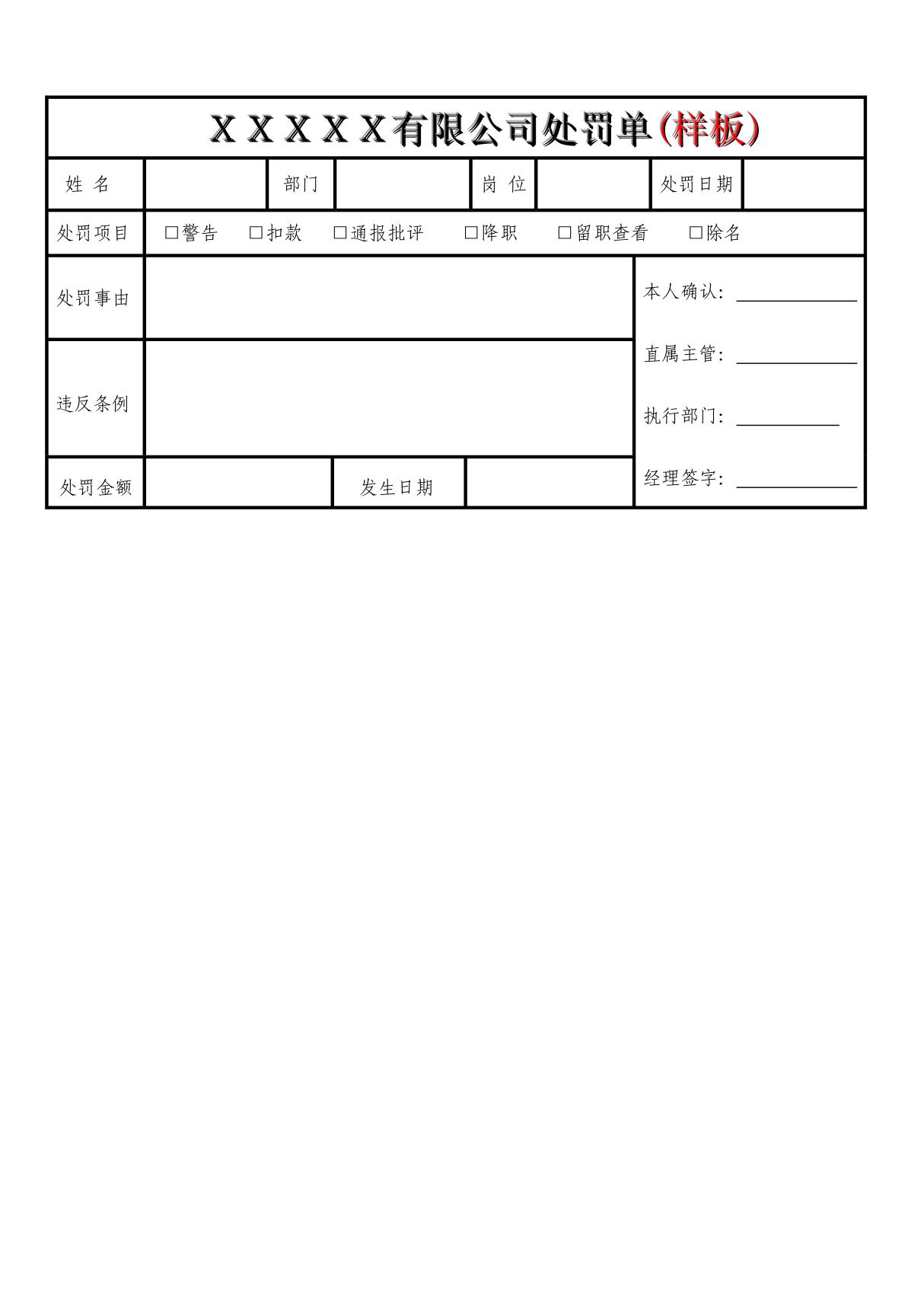 XX公司处罚单(样板