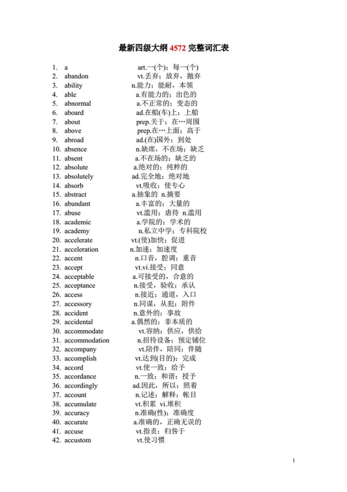 四级大纲4500完整词汇表