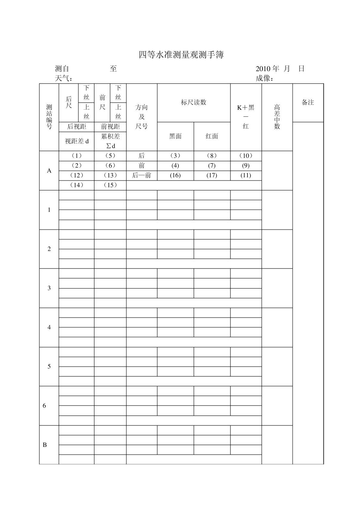 四等水准测量数据记录表