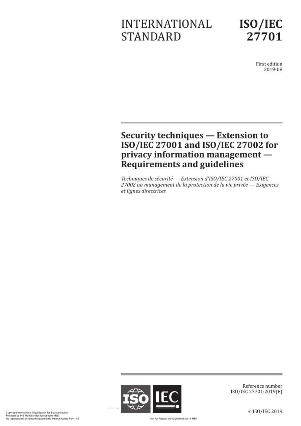 ISO IEC 27701-2019 Security techniques - Extension to ISO IEC 27001 and ISO IEC 27002 for privacy information management - R