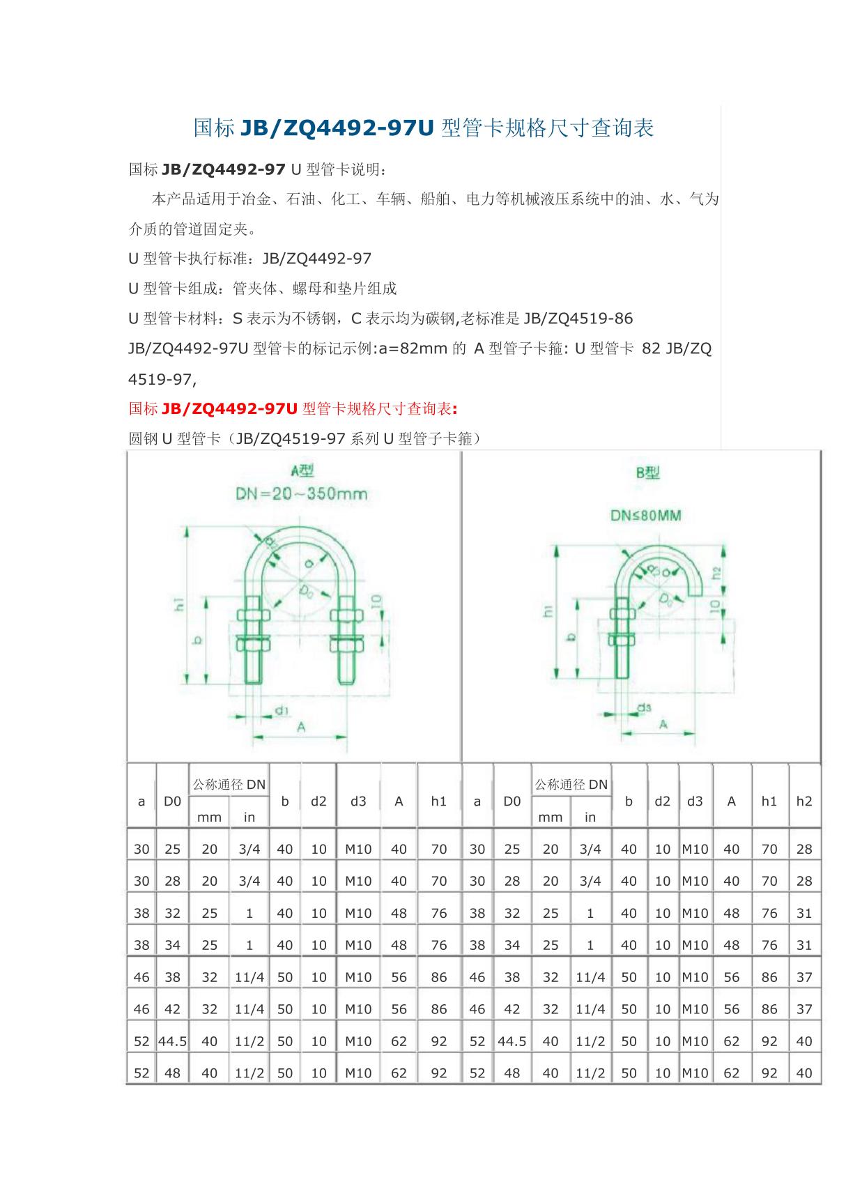 U型卡规格型号表