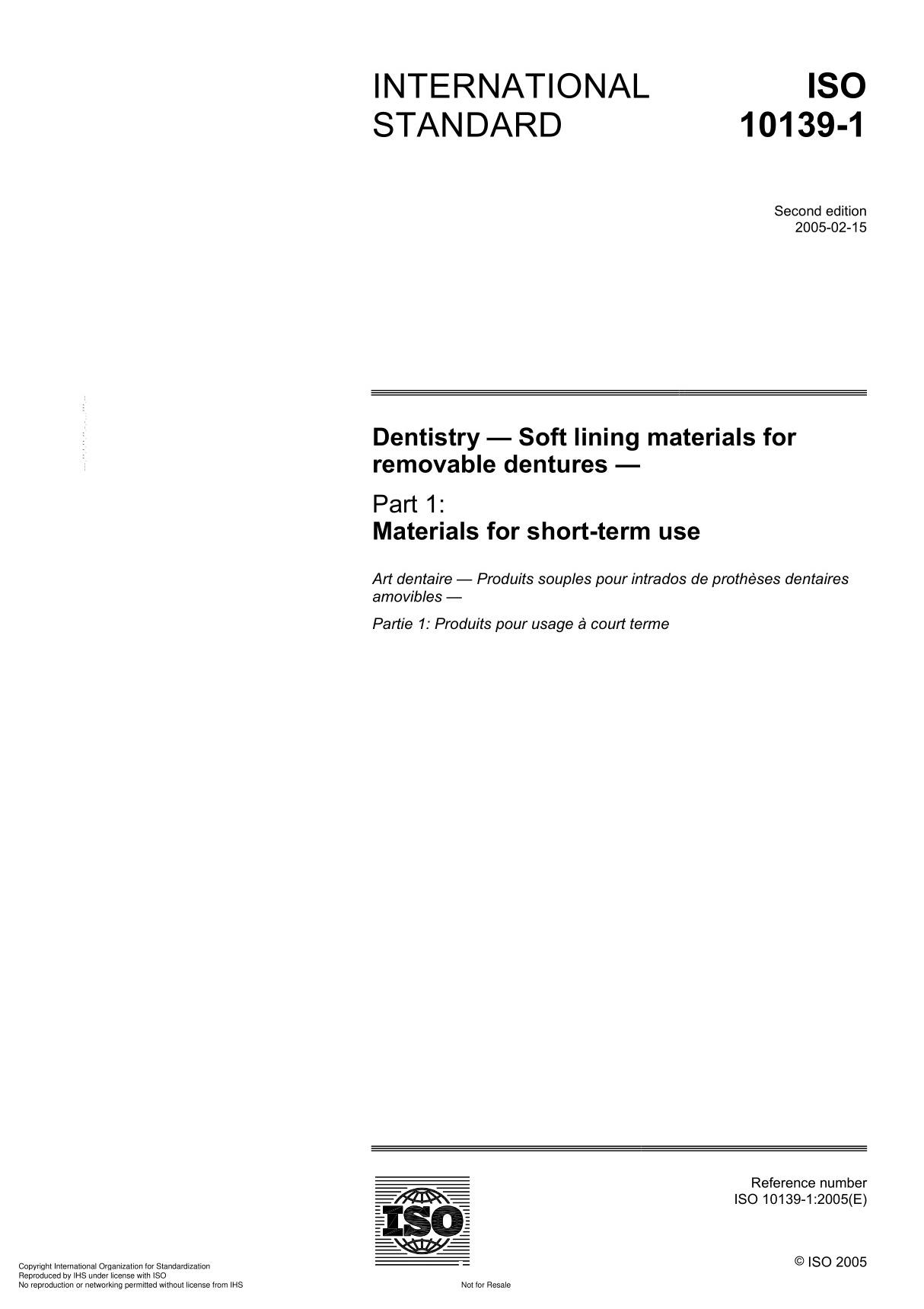 ISO 10139-1 Dentistry  Soft lining materials for removable denture