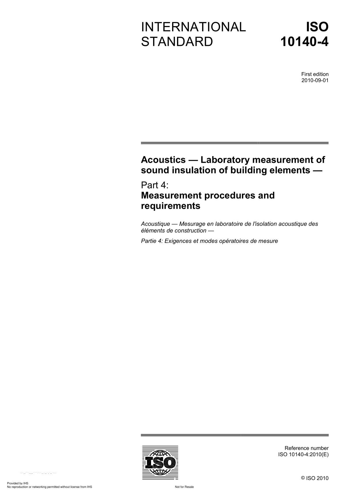 ISO 10140-4 Acoustics  Laboratory measurement of sound insulation of building element