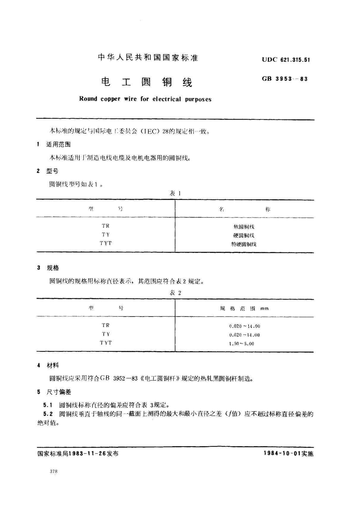 (国家标准) GB 3953-1983 电工圆铜线 标准