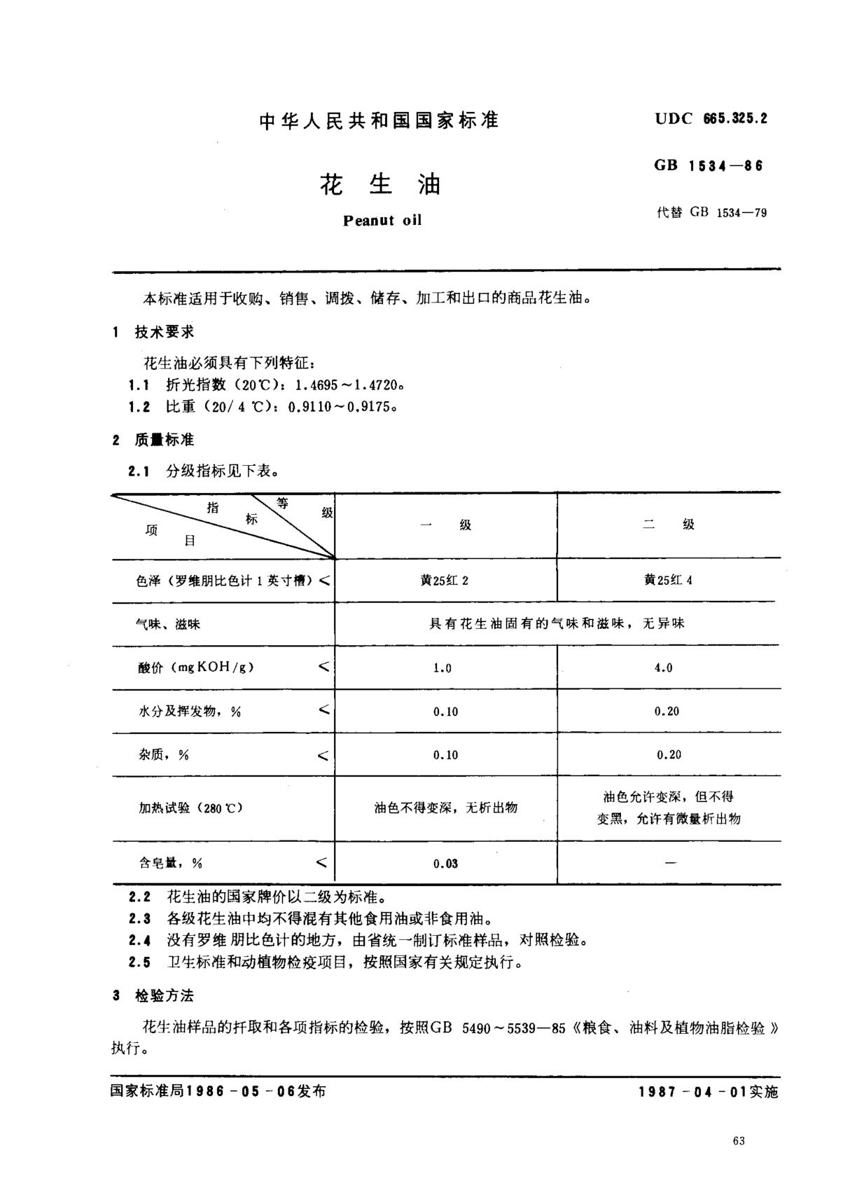 (国家标准) GB 1534-1986 花生油 标准