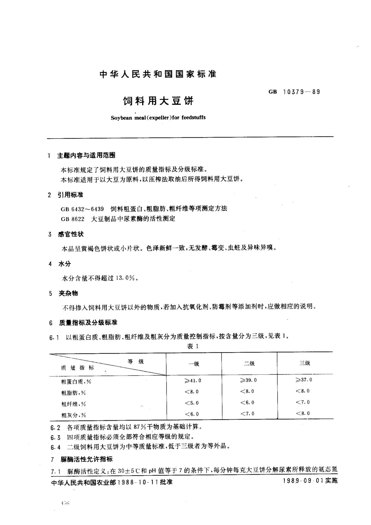 (国家标准) GB 10379-1989 饲料用大豆饼 标准