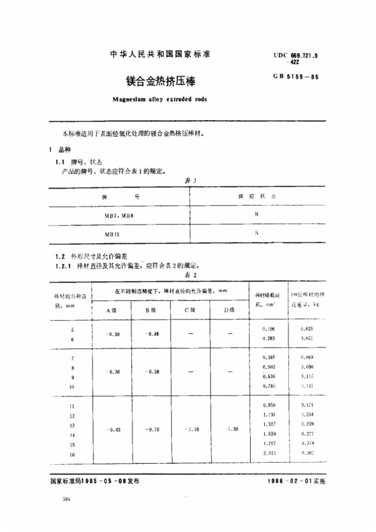 (国家标准) GB 5155-1985 镁合金热挤压棒 标准