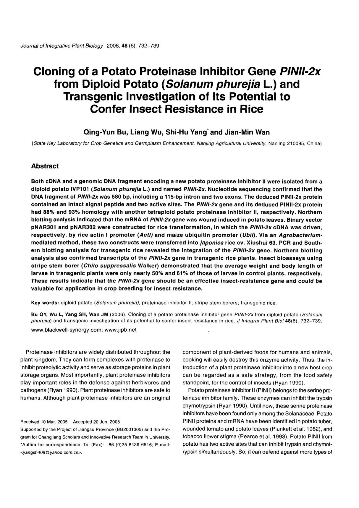 Cloning of a Potato Proteinase Inhibitor Gene PINII-2x from Diploid Potato(Solanum phurejia L.) and Transgenic Investigation of