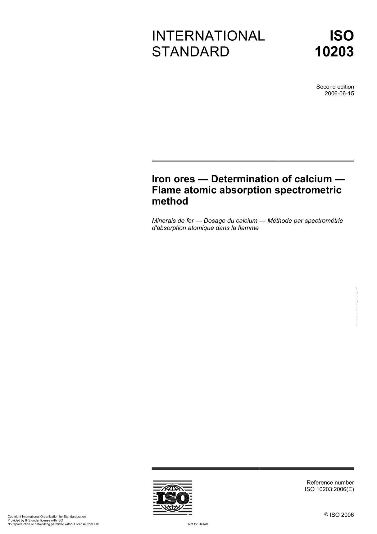 ISO 10203 Iron ores  Determination of calcium  Flame atomic absorption spectrometric method