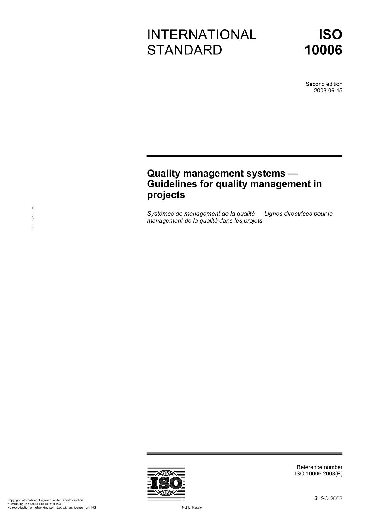 ISO 10006 Quality management systems  Guidelines for quality management in project