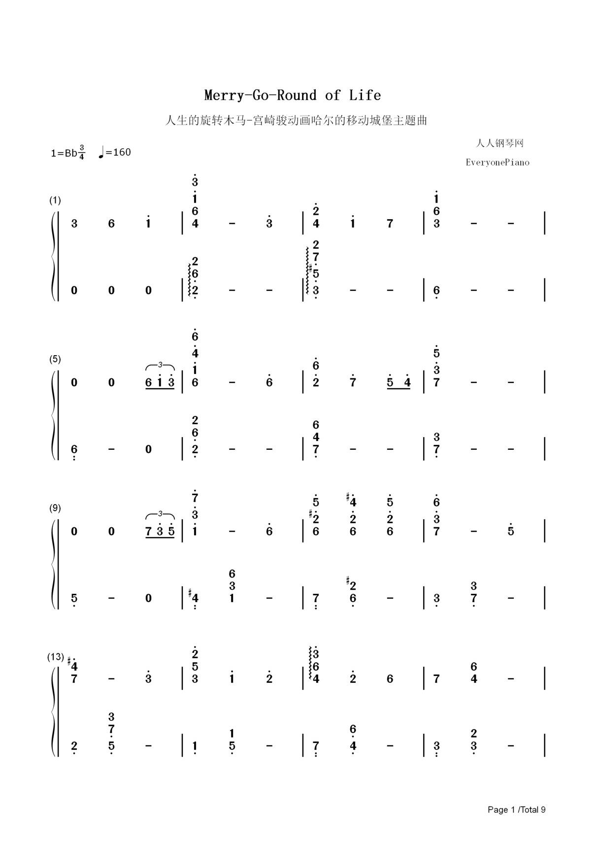 钢琴谱 人生的旋转木马-完整版-Merry-Go-Round of Life 双手简谱 共9张(全)
