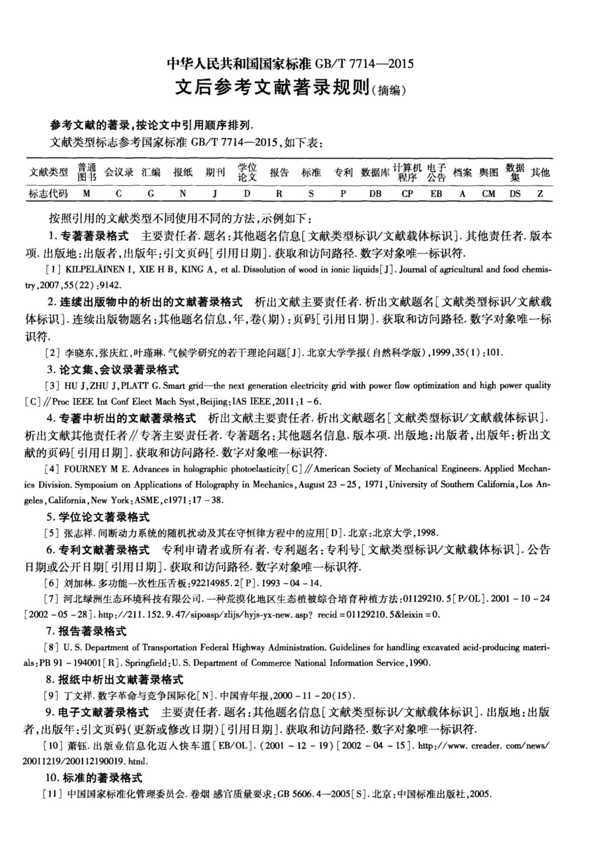 中华人民共和国国家标准GB／T77142015文后参考文献著录规则(摘编)