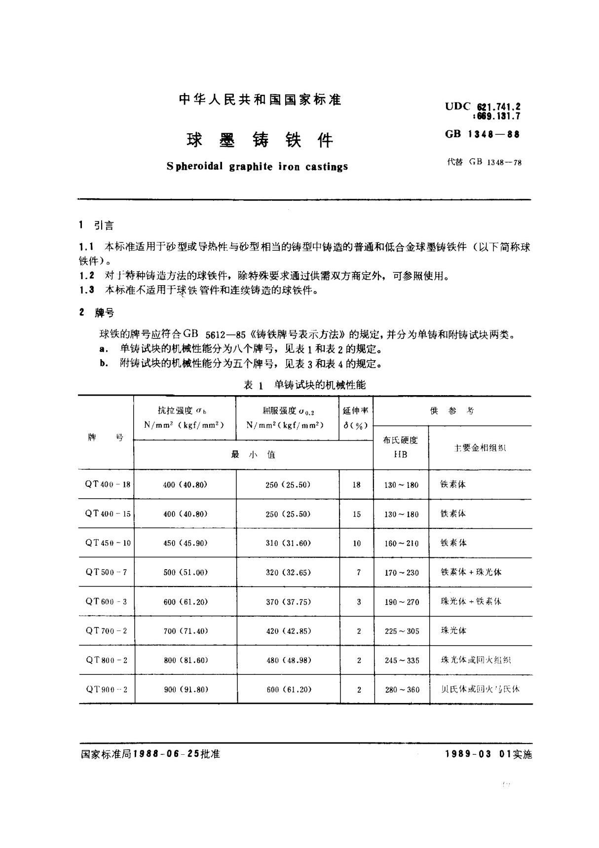 (国家标准) GB 1348-1988 球墨铸铁件 标准