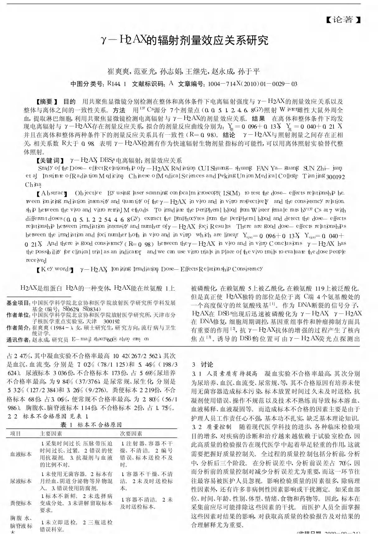 γ-H2AX的辐射剂量效应关系研究