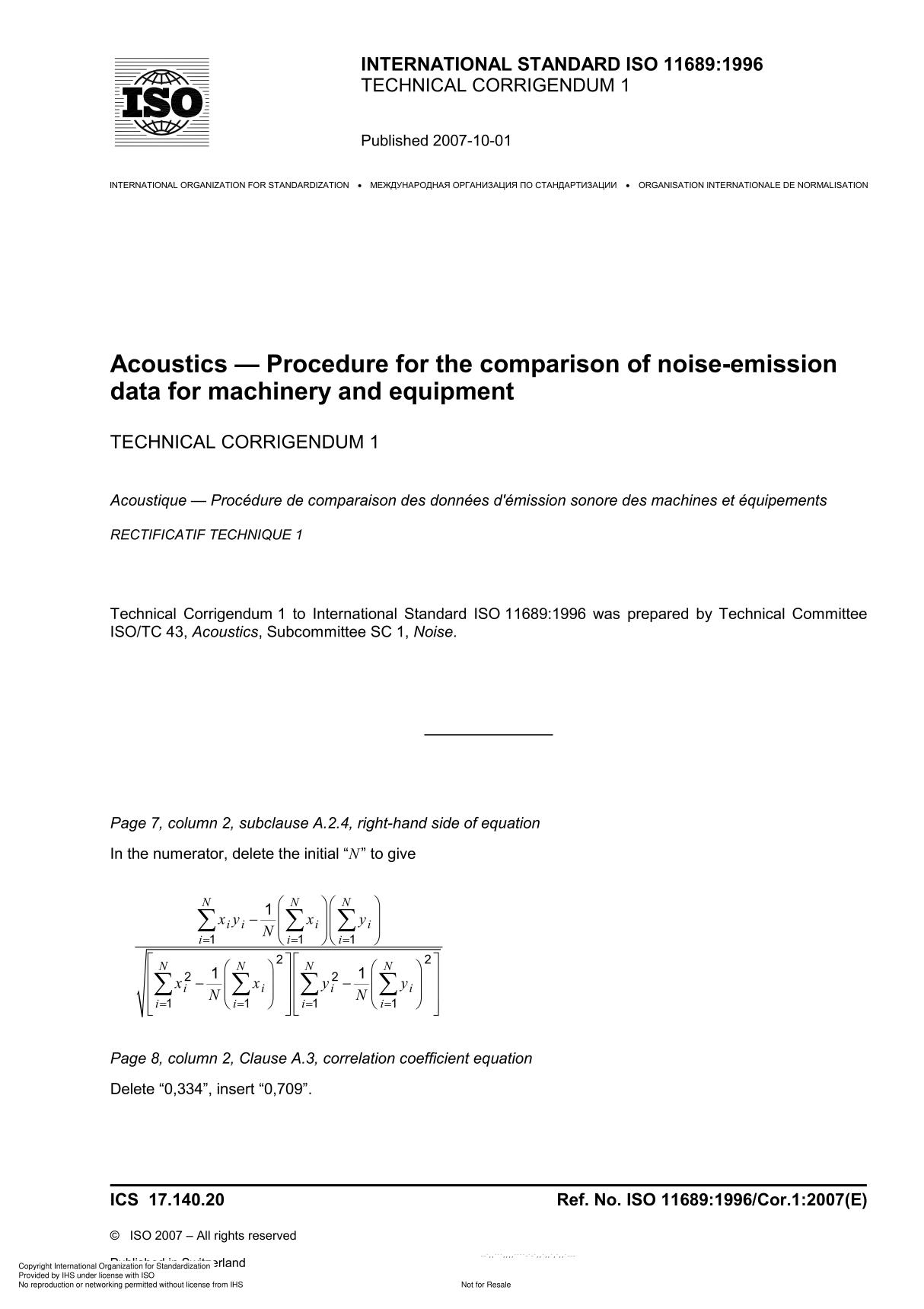 ISO 11689 Acoustics  Procedure for the comparison of noise-emission data for machinery and equipment