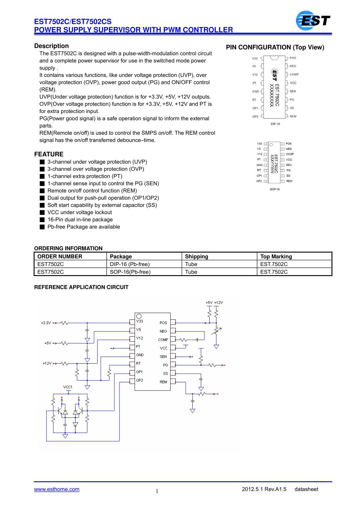 EST7502C Rev1.50  有完整保护电路的半桥式PWM控制IC(DIP16 兼容SDC2921 WT7520 HS8110)