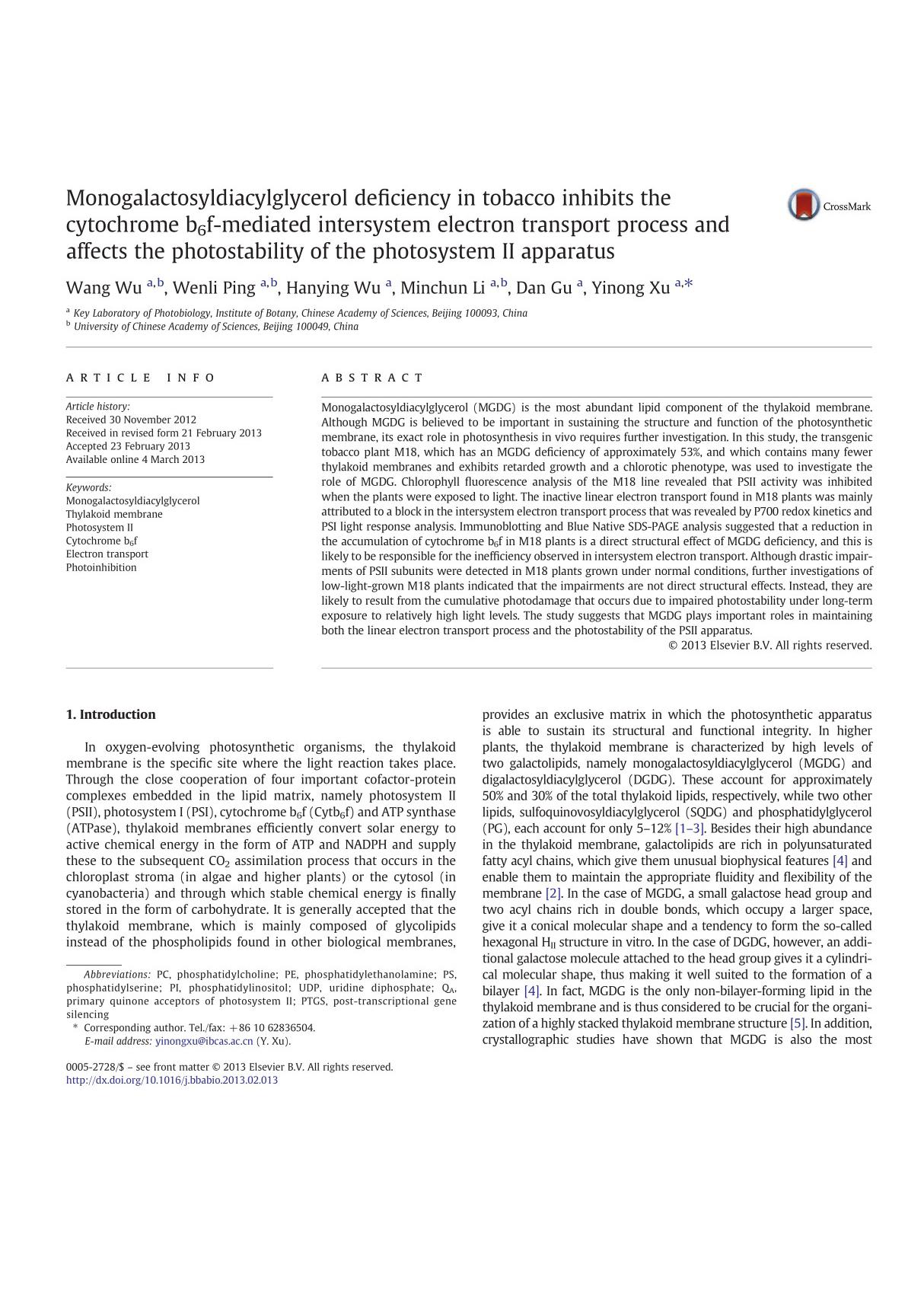 Monogalactosyldiacylglycerol deficiency in tobacco inhibits the cytochrome b(sub)6(sub)f-mediated intersystem electron transpor