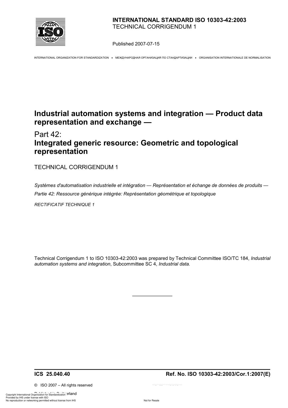 ISO 10303-42 Industrial automation systems and integration  Product data representation and exchange Technical Corrigendum