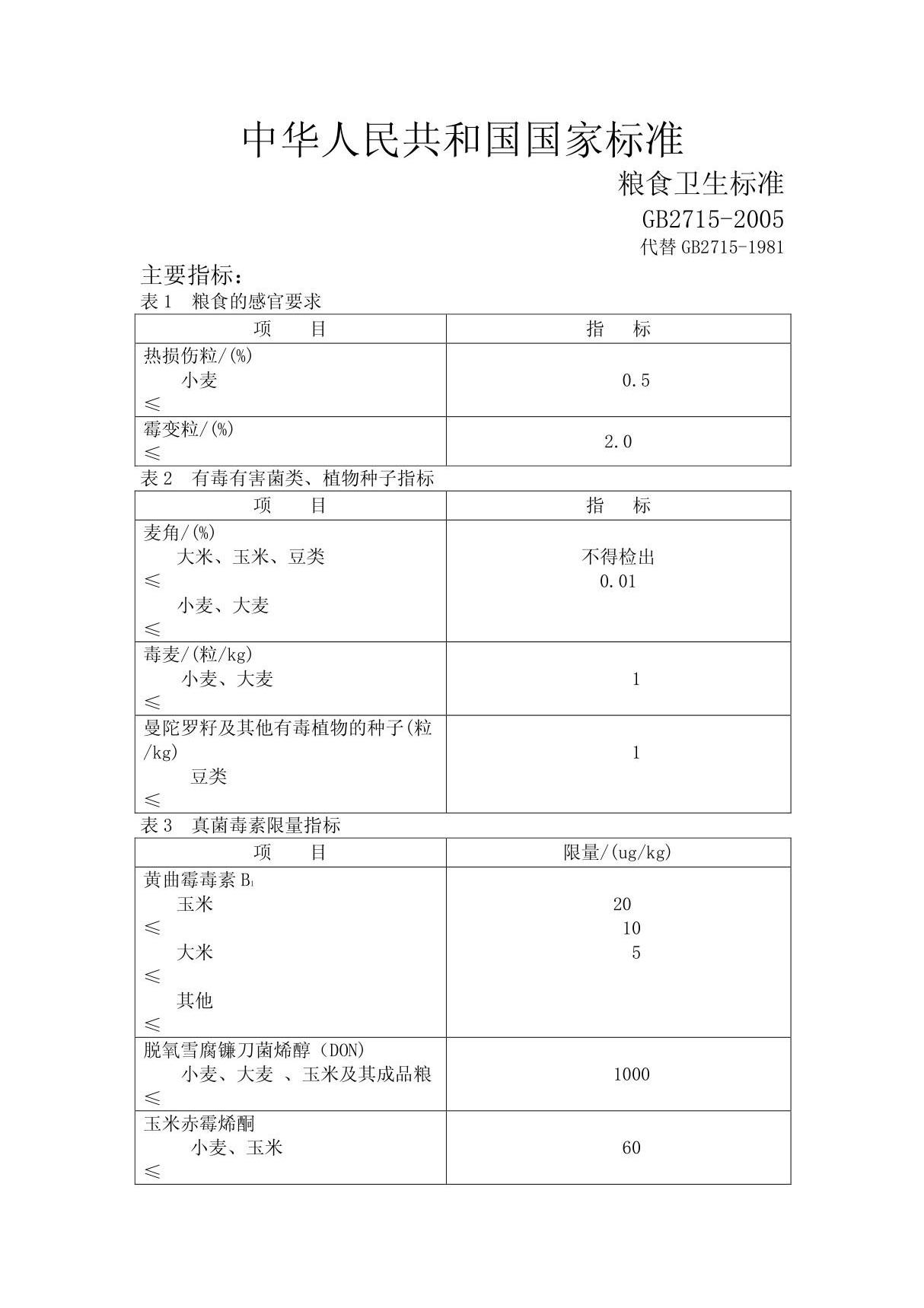 粮食卫生标准GB2715-2005